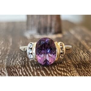 Amethyst White Spinel 925 14K Partial Bezel Set Ring Size 7.5